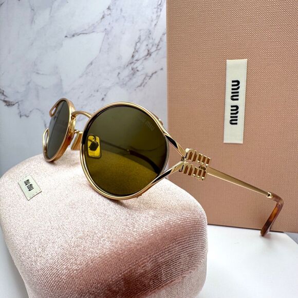 New MIU MIU Sunglasses Gold Oval Skinny Metal Frame Italy 100% Authentic - Picture 1 of 16